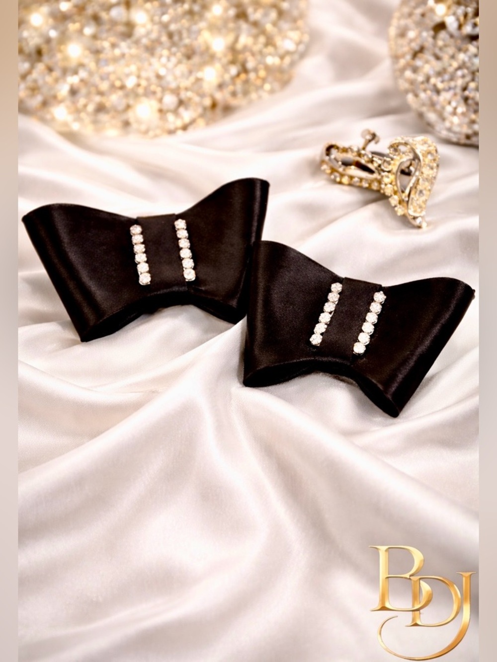 Black Satin Bow Shoe Clips | Crystal Solitaire Earring Set | Old Hollywood Glam